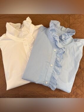 J.Crew Ruffle Neck Button Down Blouse Bundle | Sz 12 | Cotton | Blue + White